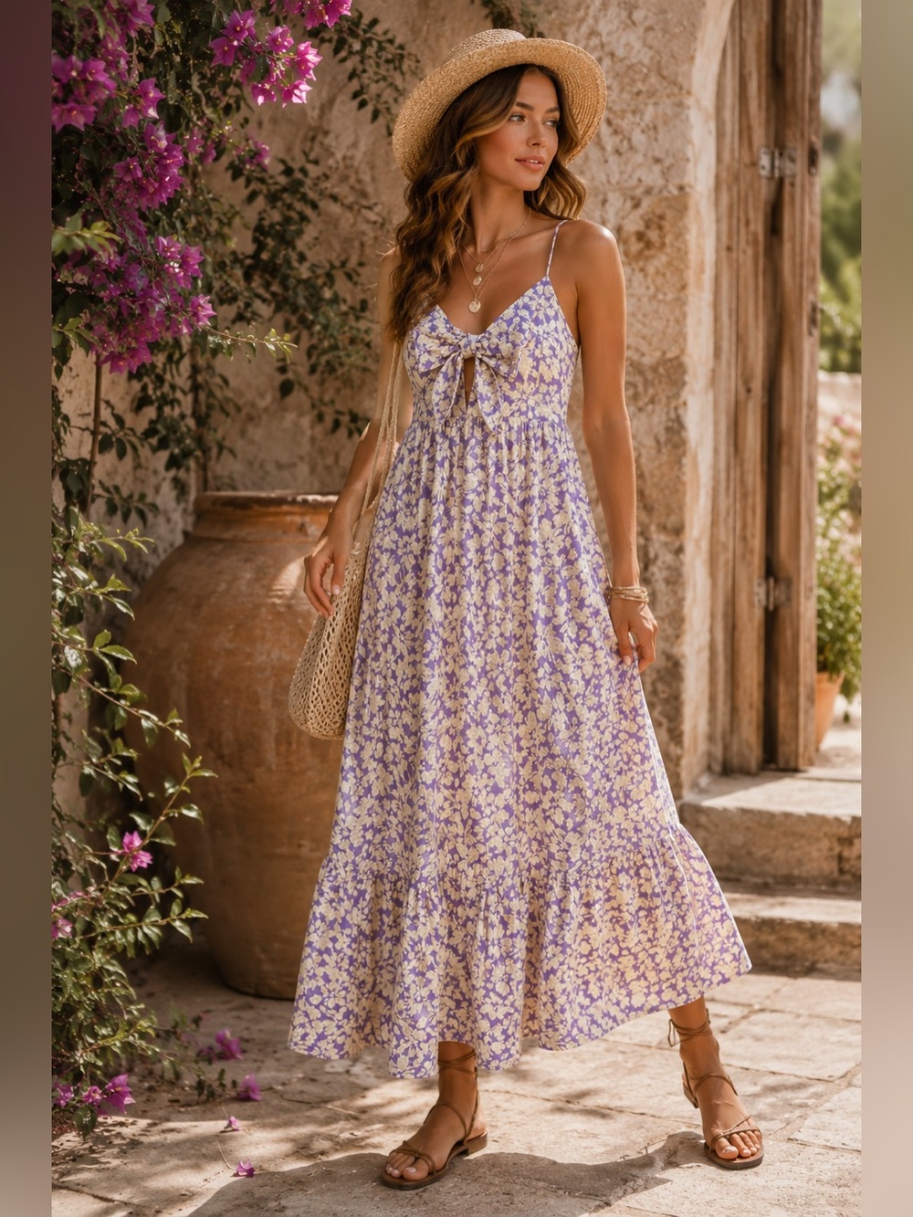 FRNCH Paris Purple Lavender Floral Tie Front Festival Ruffle Hem Maxi Dress